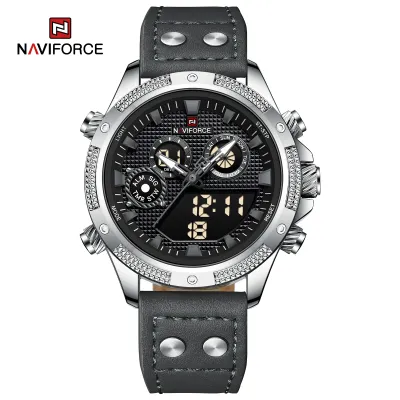 NAVIFORCE 9224 Original Brand Men's Watches LCD Digital Display Waterproof Wristwatch for Man Luminous Male Sport Quartz Clock - Silver Grey Black